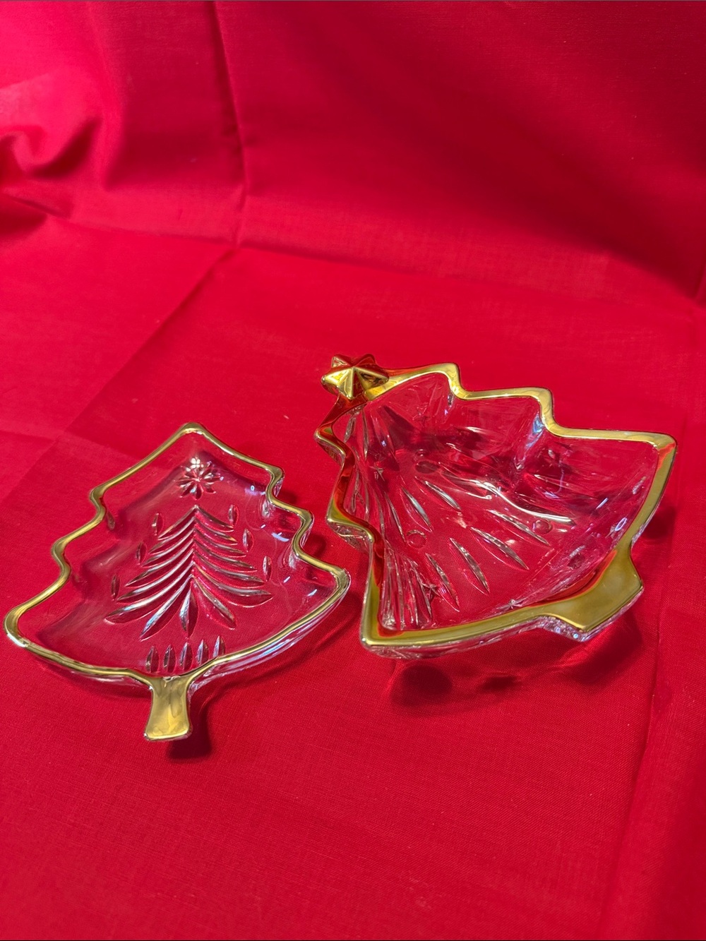 Set of 2 Vintage Studio Nova Christmas Tree Sweet Dishes - Clear Glass Gold Trim